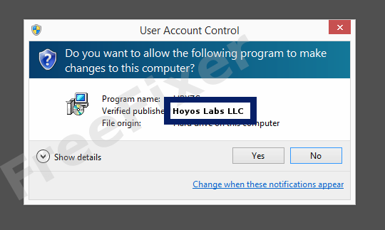 Screenshot where Hoyos Labs LLC appears as the verified publisher in the UAC dialog